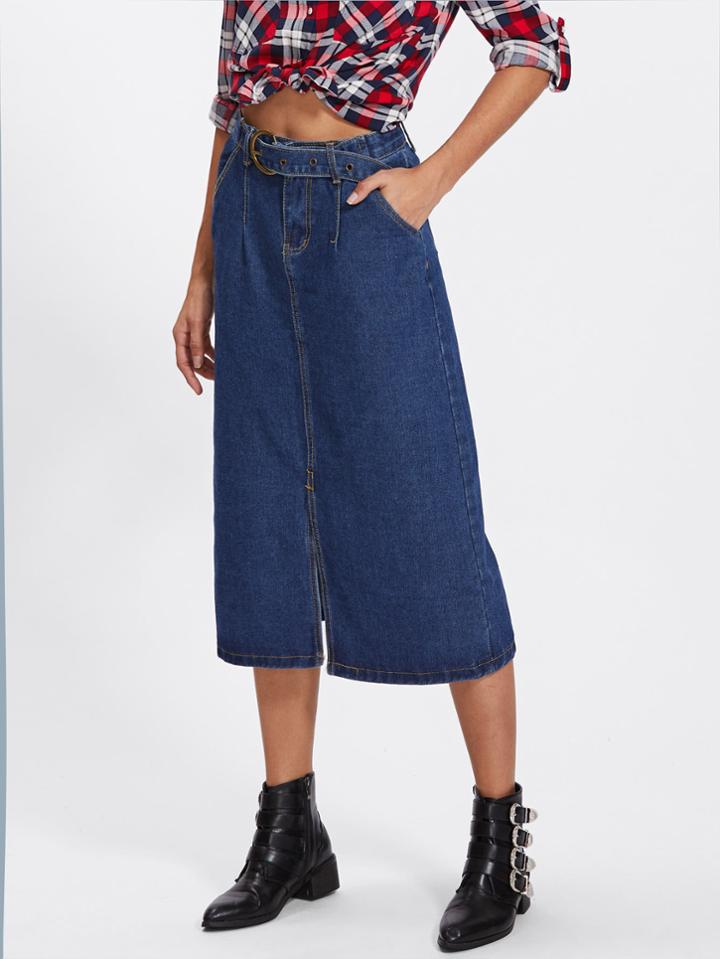 Romwe Split Front Denim Skirt