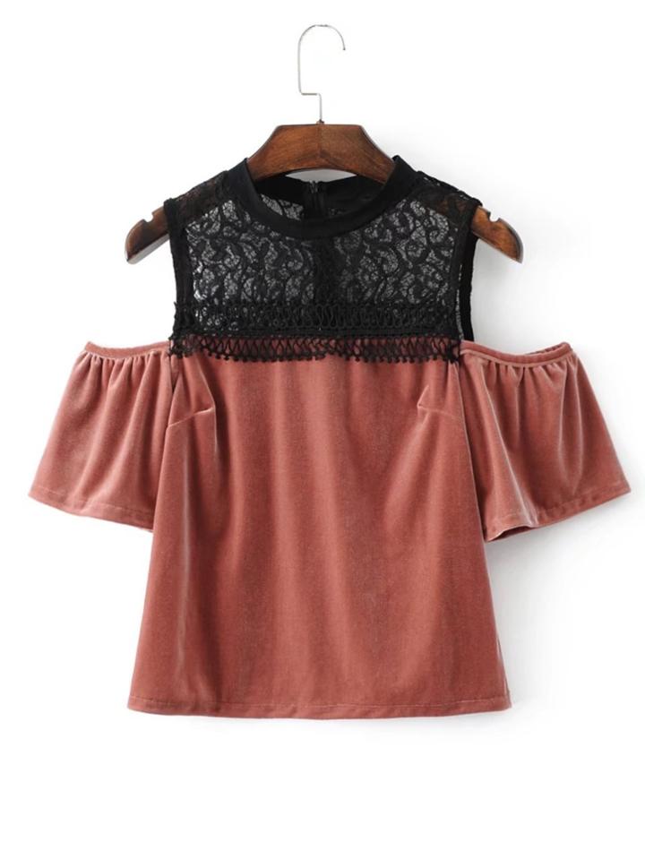 Romwe Lace Panel Cold Shoulder Velvet Blouse