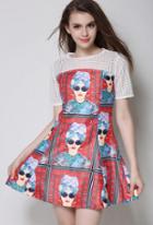 Romwe Contrast Embroidered Vintage Print A-line Dress