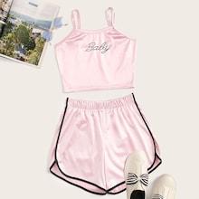 Romwe Letter Print Cami Top & Dolphin Shorts