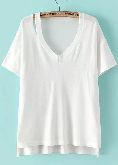 Romwe White V Neck Hollow Dip Hem Knitwear