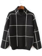 Romwe Black Grid Drop Shoulder Turtleneck Sweater