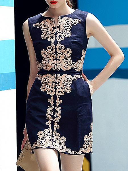 Romwe Navy Round Neck Sleeveless Embroidered Dress