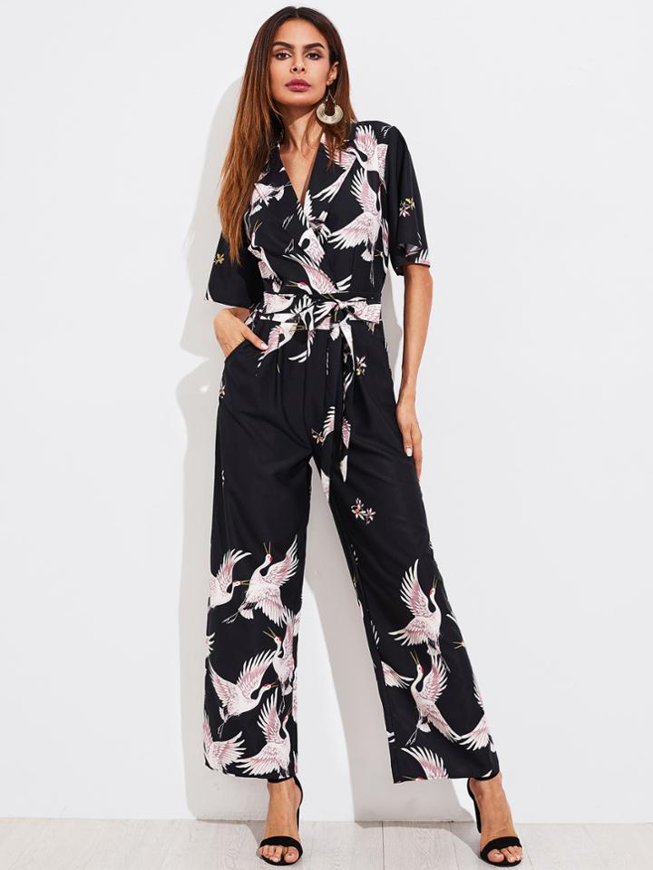 Romwe Self Tie Box Pleated Wide Leg Shirt Jumpsuit