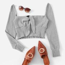 Romwe Knot Front Ruched Crop Top