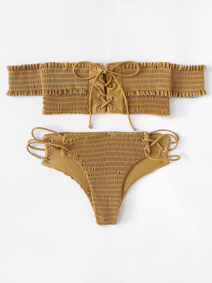 Romwe Off The Shoulder Ruched Bikini Set