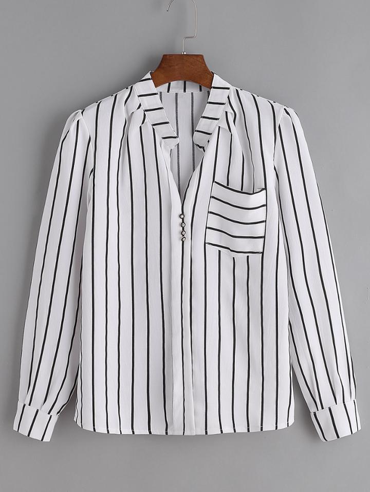 Romwe White Pinstripes Shirt With Pocket