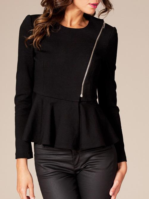 Romwe Round Neck Peplum Hem Black Coat