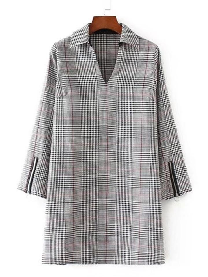Romwe Zipper Cuff Plaid Shirt Dress