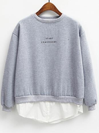 Romwe Letter Print Contrast Hem Grey Sweatshirt