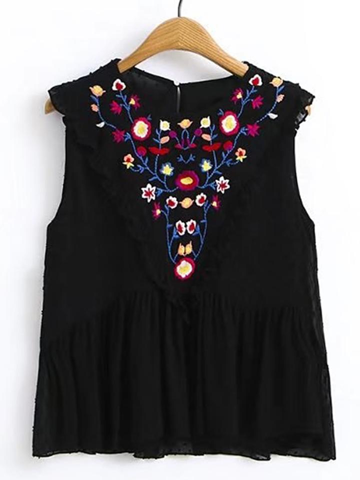 Romwe Flower Embroidery Frill Trim Sleeveless Top