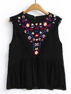 Romwe Flower Embroidery Frill Trim Sleeveless Top