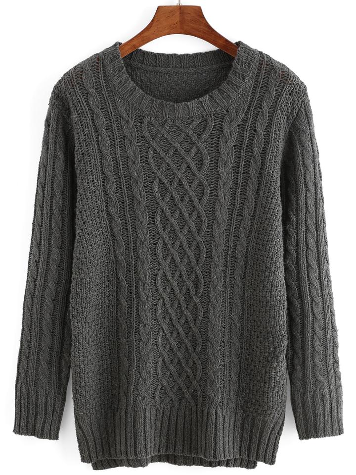 Romwe Cable Knit Split Grey Sweater
