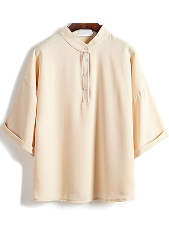 Romwe Stand Collar With Buttons Chiffon Apricot Blouse