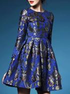 Romwe Blue Crew Neck Jacquard A-line Dress