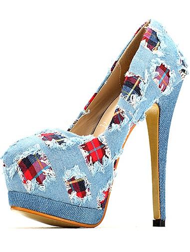 Romwe Blue Fray Plaid Platform Heels