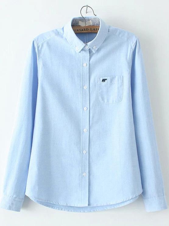 Romwe Blue Lapel Elephant Embroidered Pocket Blouse