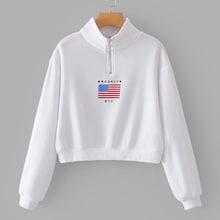 Romwe Zip-up Printed Crop Pullover