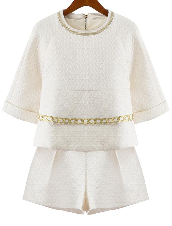 Romwe Beige Half Sleeve Chain Embroidered Top With Shorts
