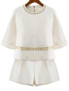 Romwe Beige Half Sleeve Chain Embroidered Top With Shorts
