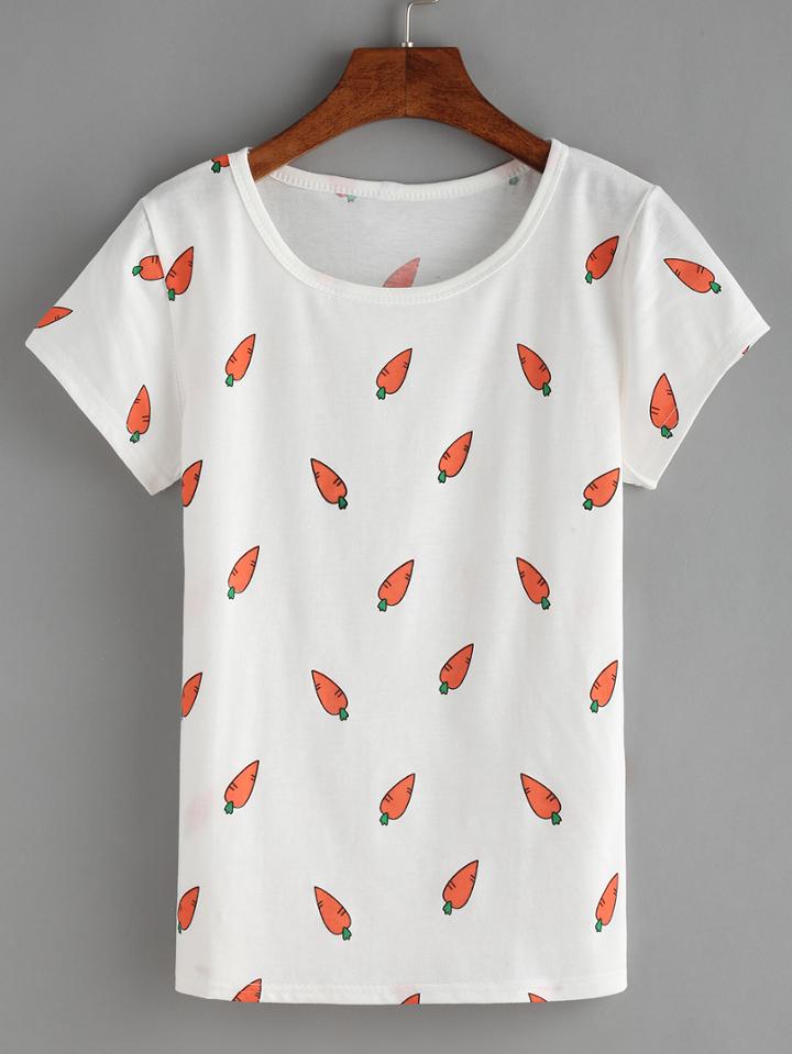 Romwe Carrot Print White T-shirt