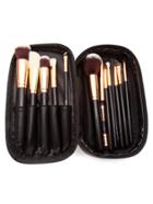 Romwe Black Professional Makeup Brush Set With Brown Zipper Bag