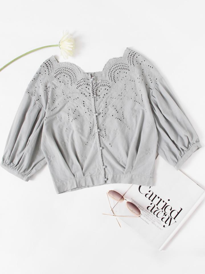 Romwe Single Breasted Scalloped Trim Broderie Blouse