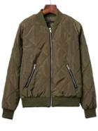 Romwe Army Green Diamond Quilted Bomber Jacket With Zipper