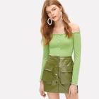 Romwe Lettuce Trim Button Front Ribbed Bardot Top