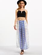 Romwe Blue White Tribal Print Slit Skirt