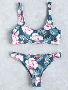 Romwe Floral Print Scoop Neck Bikini Set