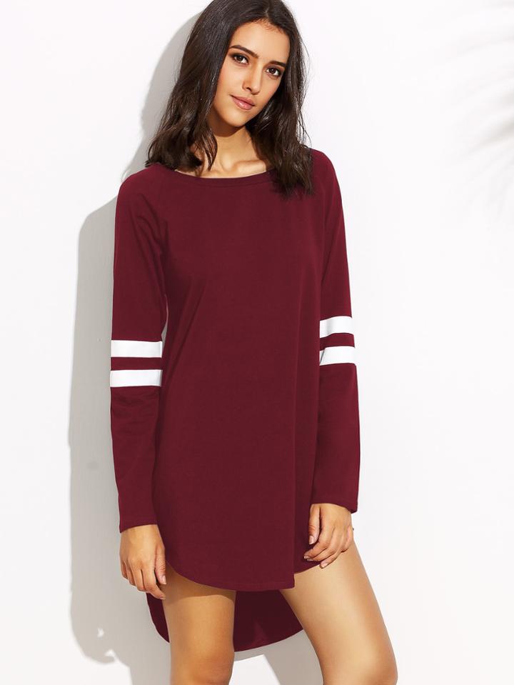 Romwe Varsity Striped Dip Hem Tee Dress
