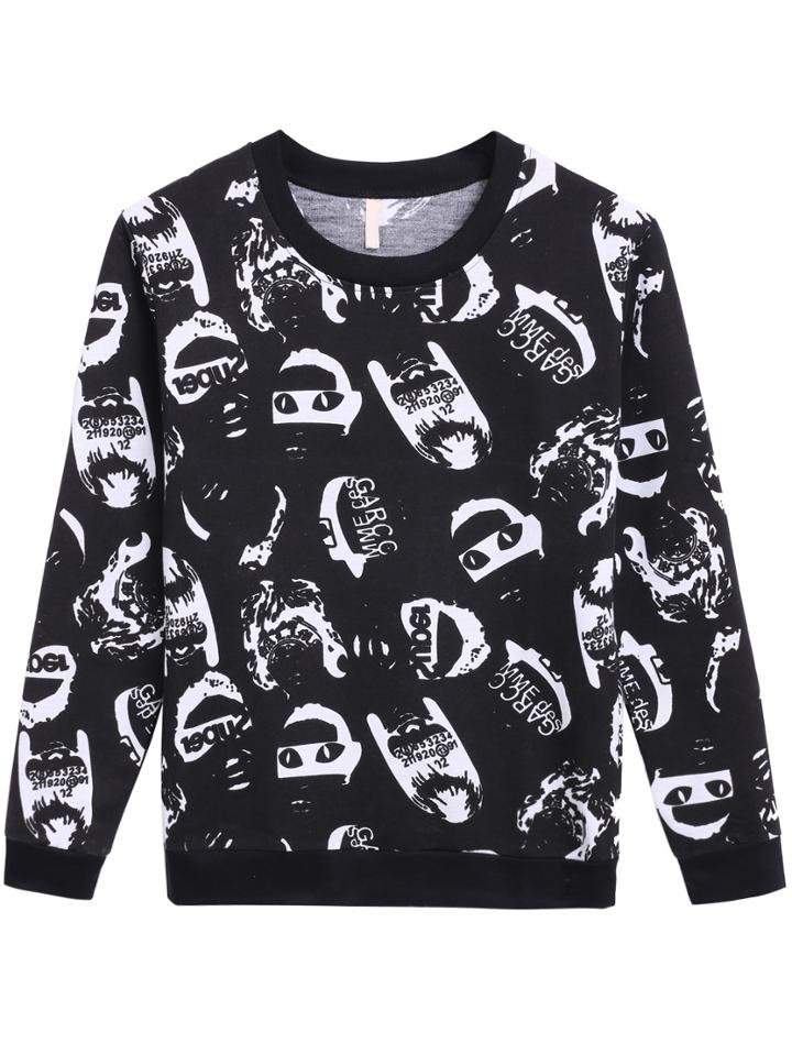 Romwe Black Round Neck Capita Print Sweatshirt