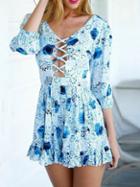 Romwe V Neck Florals Lace Up Skater Dress