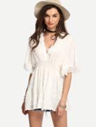 Romwe White V-neck Lace Trimmed Shirred Waist Dress