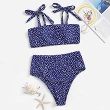 Romwe Polka Dot Tie Shoulder Top With High Waist Bikini