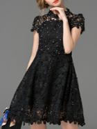 Romwe Black Crochet Hollow Beading A-line Dress