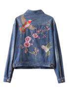 Romwe Bird And Flower Embroidery Back Denim Jacket
