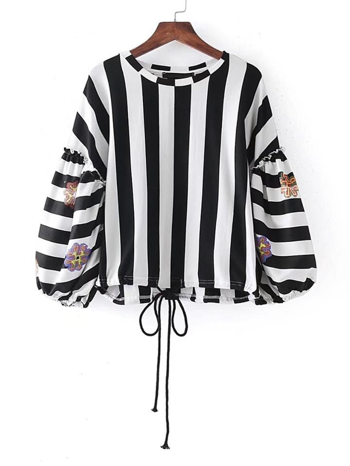 Romwe Block Striped Lantern Sleeve Drawstring Blouse