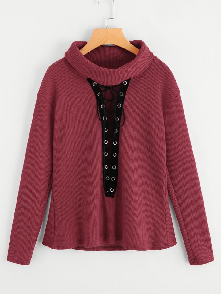 Romwe High Neck Eyelet Lace Up Front Sweater