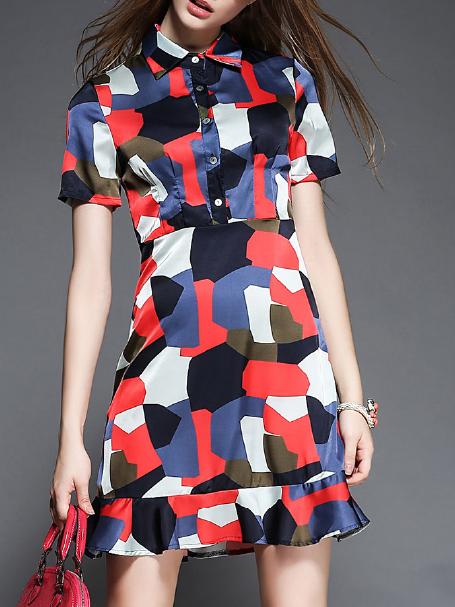Romwe Lapel Peplum Hem Camouflage Dress