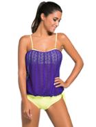 Romwe Contrast Crochet Overlay Spaghetti Strap Tankini Set