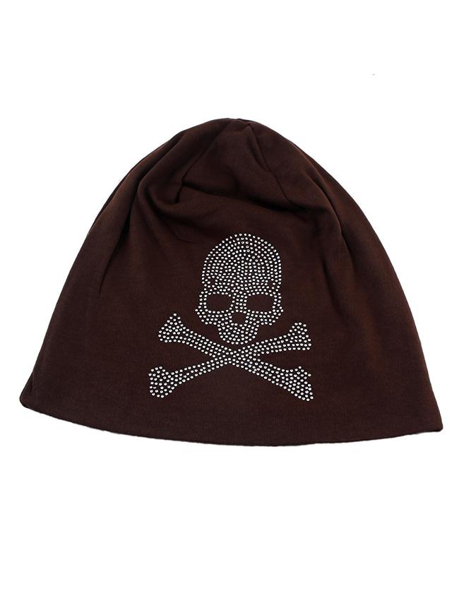 Romwe Coffee Cotton Stretch Skull Printed Women Beanie Hat