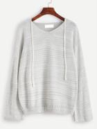 Romwe Light Grey V Neck Drop Shoulder Self Tie Sweater