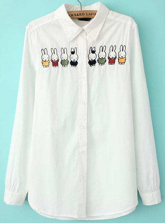 Romwe Lapel Rabbit Embroidered Blouse