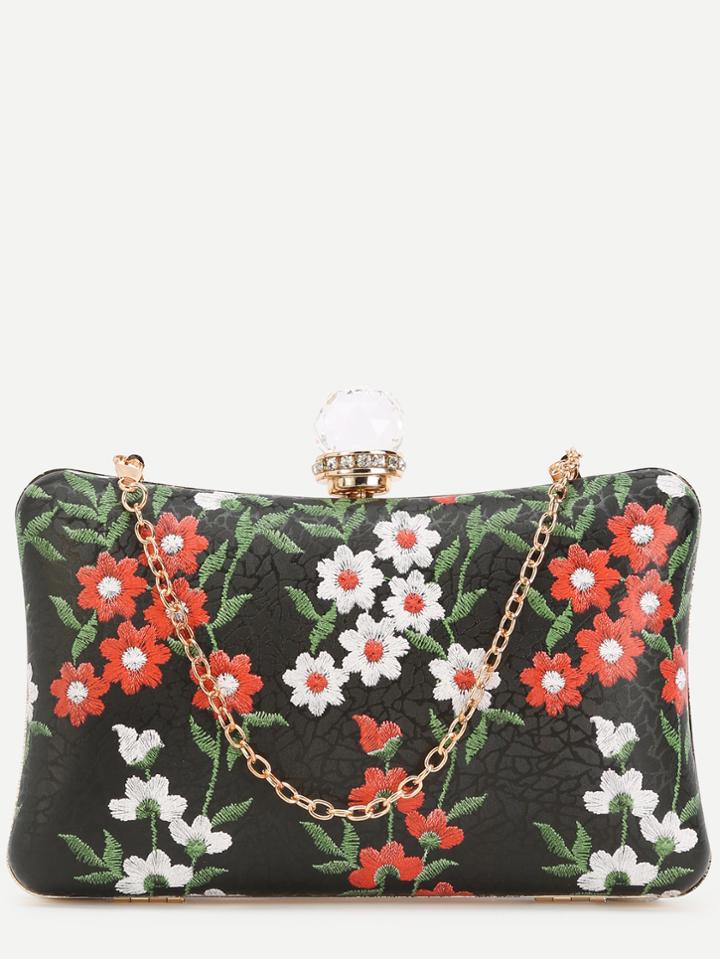 Romwe Black Pu Floral Print Jewelled Evening Bag