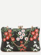 Romwe Black Pu Floral Print Jewelled Evening Bag