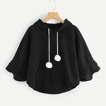 Romwe Pom Pom Detail Hooded Cape Outerwear