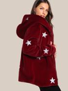 Romwe Star Print Faux Fur Hoodie Coat