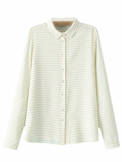 Romwe Beige Long Sleeve Buttons Front Stripe Blouse